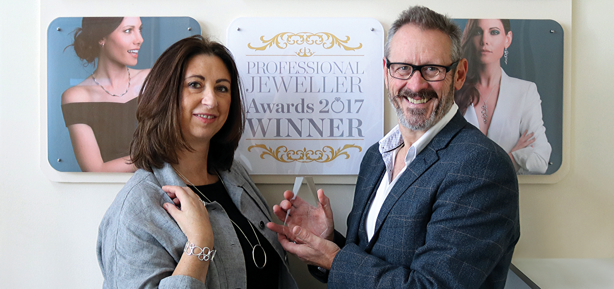 Katie Nickell (nee Heath) and Kit Heath with the Professional Jeweller Award for Fashion Jewellery Brand of the Year 2017